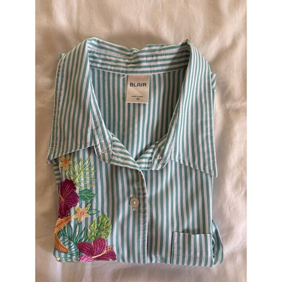 Blair Women Blue Blouse Top Sz XL Cotton Buttons Pullover Long Roll Up Sleeve - Picture 10 of 12